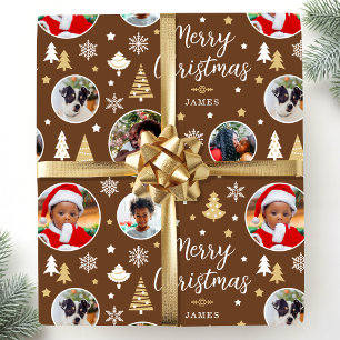 Papel De Presente Feliz Natal Foto Personalizada Festiva Marrom