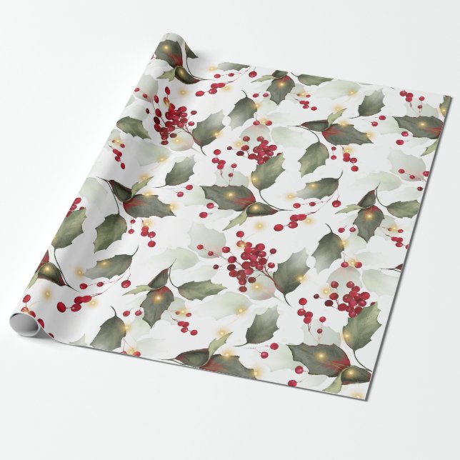 Papel De Presente Feliz Natal Frutas Vermelhas de Azevinho Luzes Dou (Desenrolado)