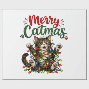 Papel De Presente Feliz Natal Gatinho Diversão Luzes De árvore De Na