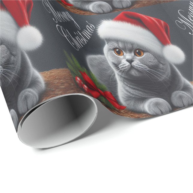 Papel De Presente Feliz Natal Gato de Papais noeis de Shorthair Brit (Ponta do rolo)