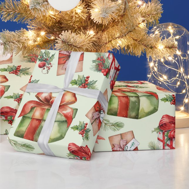 Papel De Presente Feliz Natal Gift Box Holly Berries Red Arco (Feriados)