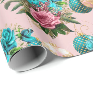 Papel De Presente Feliz Natal Glitter Bauble Dourado Rosa Azul