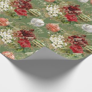 Papel De Presente Feliz Natal Glitter Bauble Dourado Rosa vermelha V