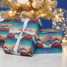 Papel De Presente Feliz Natal Hippo Santa Chapéu e cachecol