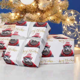 Papel De Presente Feliz Natal Hippo Santa Chapéu e cachecol