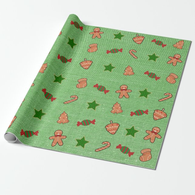 Papel De Presente Feliz Natal - Meias de doces bonitos - estrelas ve (Desenrolado)