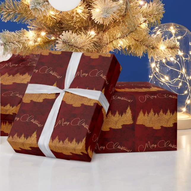 Papel De Presente Feliz Natal - minimalista - árvores de abeto doura (Feriados)
