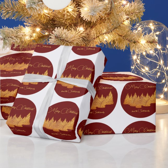 Papel De Presente Feliz Natal - minimalista - árvores de abeto doura (Feriados)