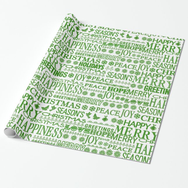 Papel De Presente Feliz Natal Multilingue Verde e Branco (Desenrolado)