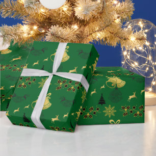 Papel De Presente Feliz Natal Negro, Dourado com Reindeer, Bell GR