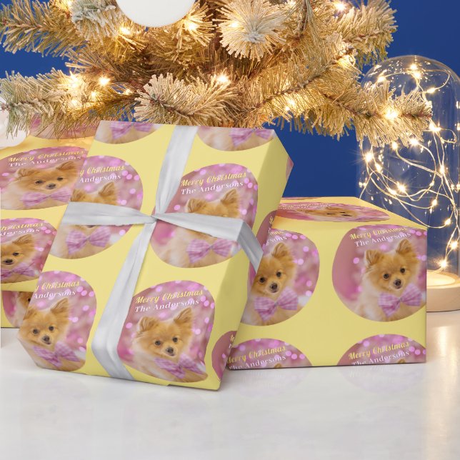 Papel De Presente Feliz Natal & Nome, Cachorro Bonito, Amarelo Pálid (Feriados)