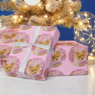Papel De Presente Feliz Natal & Nome, Cachorro Fofo, Rosa Claro