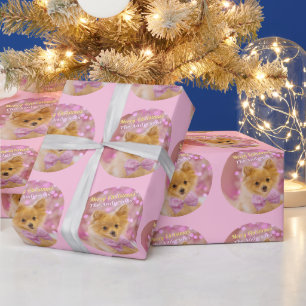 Papel De Presente Feliz Natal & Nome, Cão Bonito, Rosa Pálido