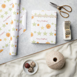 Papel De Presente Feliz Natal Padrão Elegante Laranjas e Estrelas