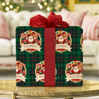 Papel De Presente Feliz Natal Papai Noel Bonito Xadrez Verde Nome Pe