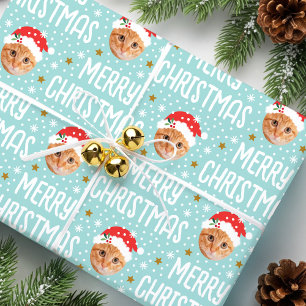 Papel De Presente Feliz Natal Papai Noel Um Foto Rosto Fofo Azul