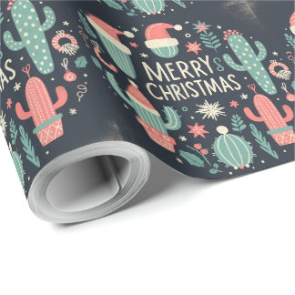 Papel De Presente Feliz Natal Papais noeis com cacto de vaso