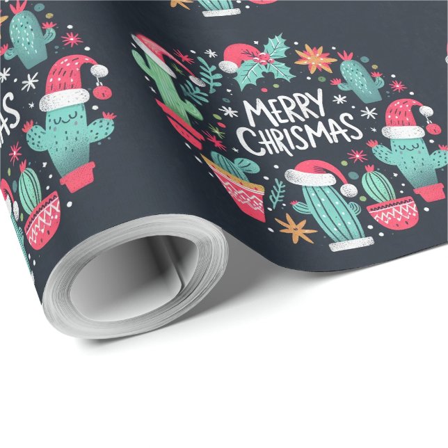 Papel De Presente Feliz Natal Papais noeis de cacto (Ponta do rolo)