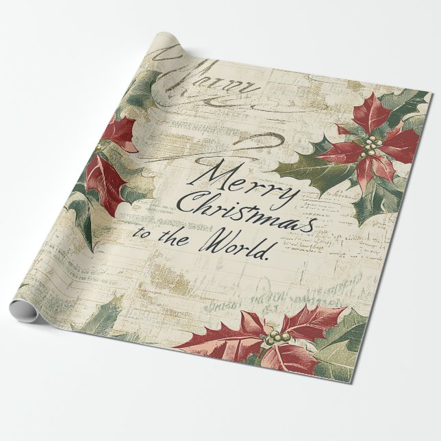Papel De Presente Feliz Natal Para O Mundo Holly Vintage (Desenrolado)