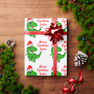 Papel De Presente Feliz Natal Personalizado Dinossauro Santa Hat