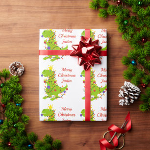 Papel De Presente Feliz Natal Personalizado Dinossauro Santa Hat