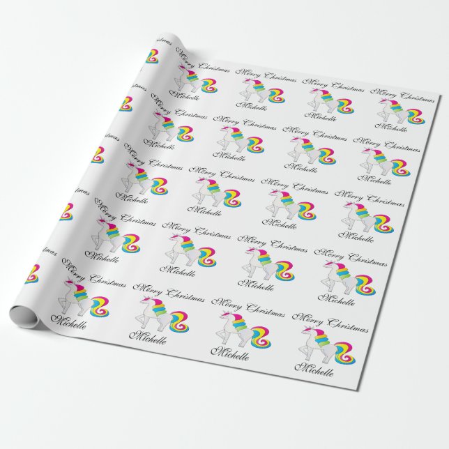 Papel De Presente Feliz Natal Personalize Nome com Unicórnio (Desenrolado)