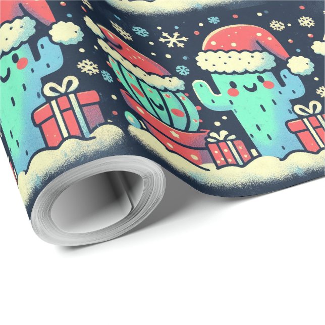Papel De Presente Feliz Natal, plantas de cacto Papai Noel (Ponta do rolo)