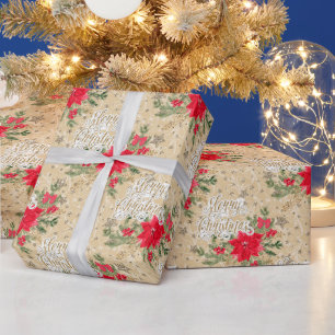 Papel De Presente Feliz Natal poinsettias e estrelas natural
