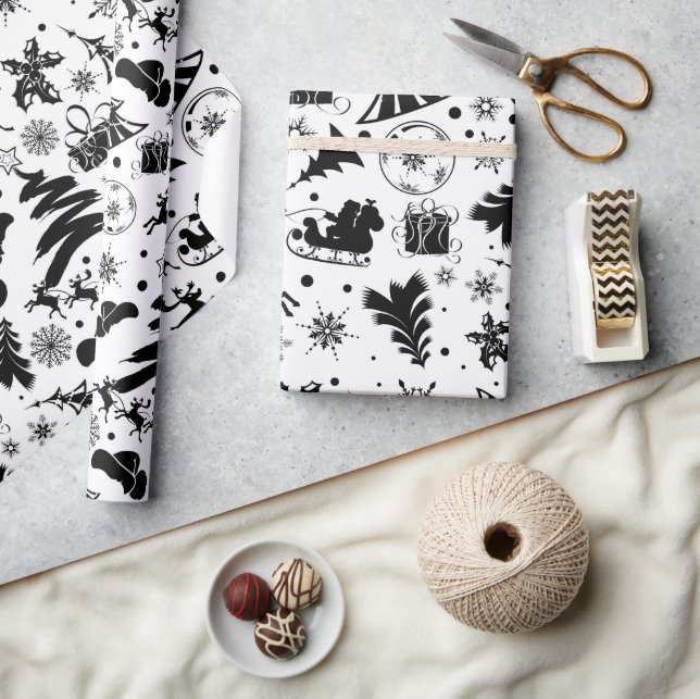 Papel De Presente Feliz Natal preto e branco elegante  (Artesanato)