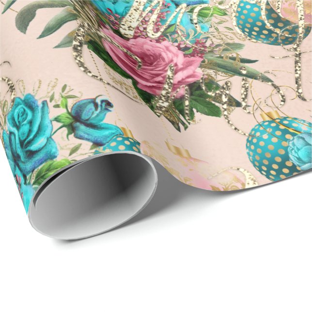 Papel De Presente Feliz Natal - Rosa Verde-Rosa Rosa (Ponta do rolo)