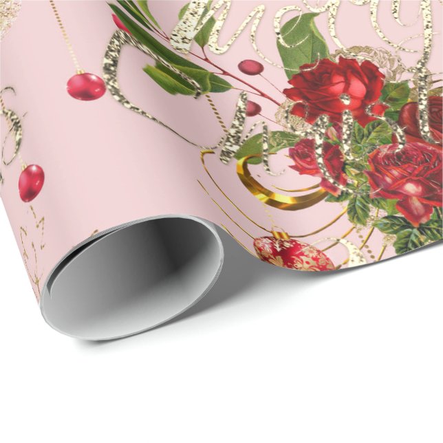 Papel De Presente Feliz Natal - Rosas Dourados Rosa Mint Verde (Ponta do rolo)