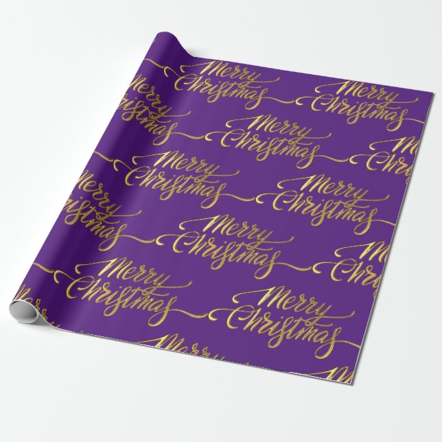 Papel De Presente Feliz Natal, roxo espumante e Design Dourado (Desenrolado)