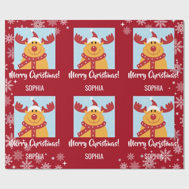 Papel De Presente Feliz Natal Rudolph Reindeer Personalize Nome (Aberto)