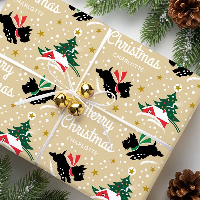 Papel De Presente Feliz Natal Scottie Cachorro Neve Nome Dourado (Criador carregado)