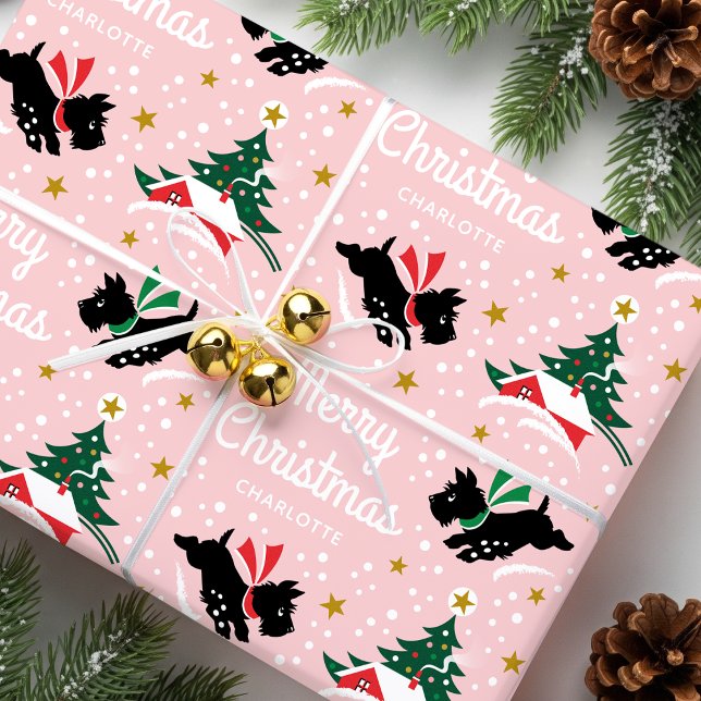 Papel De Presente Feliz Natal Scottie Dog Snow Fun Name Pink (Criador carregado)