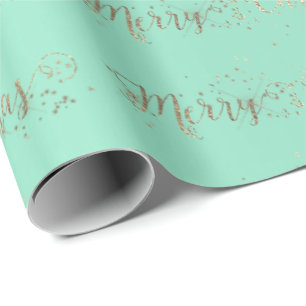 Papel De Presente Feliz Natal Script Aqua Tiffany Mint Faux Dourado