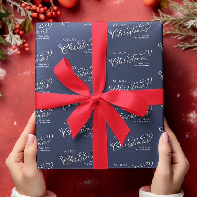 Papel De Presente Feliz Natal - Script de Caligrafia Marinho Azul (Merry Christmas custom navy blue and silver wrapping paper. )