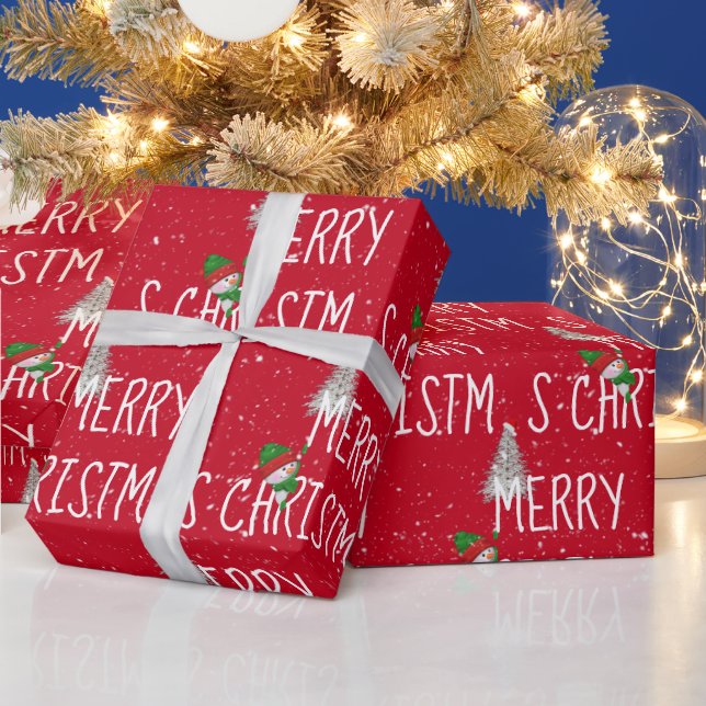 Papel De Presente Feliz Natal Snowman e Árvore em Flocos de Neve (Feriados)