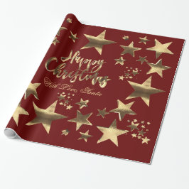 Papel De Presente Feliz Natal Stars Vermelho Dourado Elegante