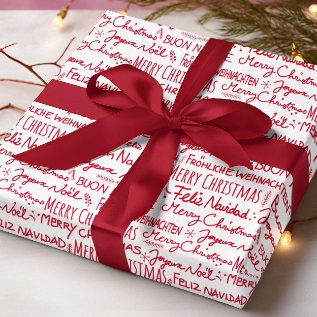 Papel De Presente Feliz Natal Tipografia Vermelha Multilíngue (Criador carregado)