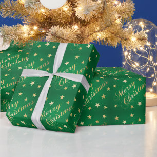 Papel De Presente Feliz Natal Tons Dourados Estrelas Verde Elegante