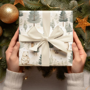 Papel De Presente Feliz Natal: Urso Branco e Beige