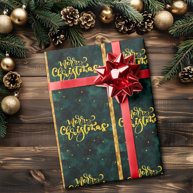Papel De Presente Feliz Natal Verde e Dourado em Letra Elegante (Criador carregado)