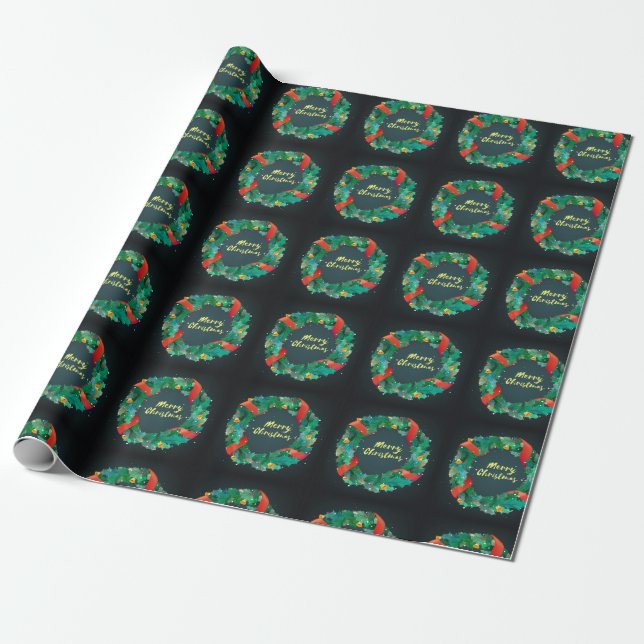 Papel De Presente Feliz Natal Verde e Fúria Vermelha em Preto (Desenrolado)