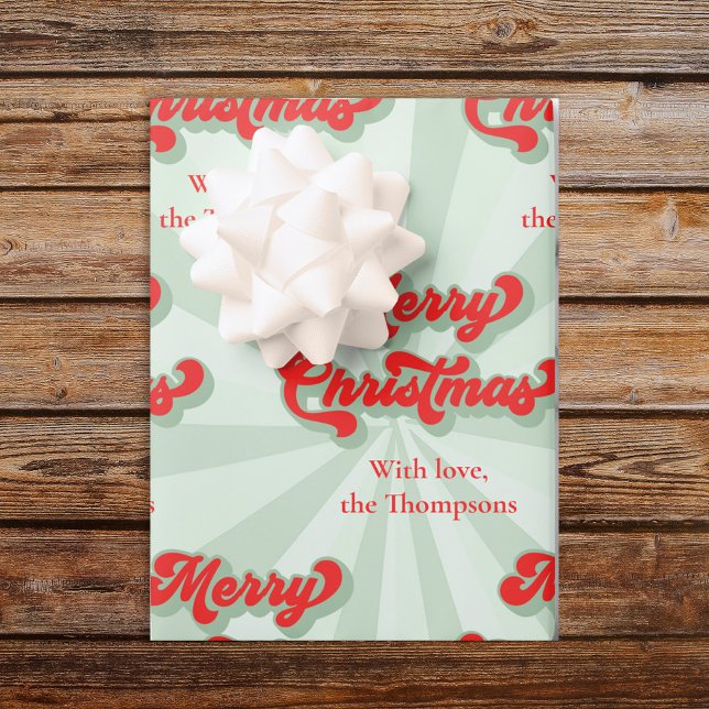Papel De Presente Feliz Natal Vermelho, Retro Verde Personalizado (Merry Christmas Bold retro style typography )