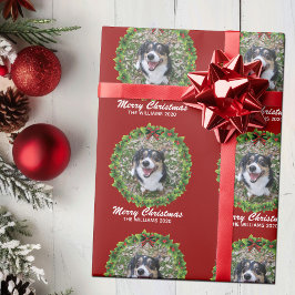 Papel De Presente Feliz Natal Wreath Custom Dog Photo Red
