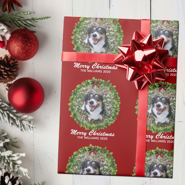 Papel De Presente Feliz Natal Wreath Custom Dog Photo Red (Criador carregado)