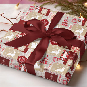 Papel De Presente Feliz Natal Xadrez Vermelho Dourado Prata Patchwor
