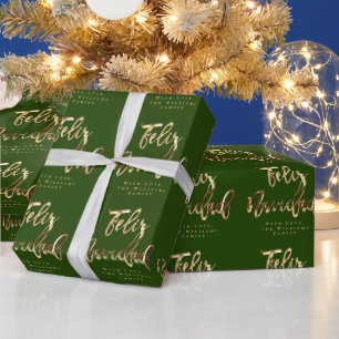 Papel De Presente Feliz Navidad Elegante Green e Dourado Script