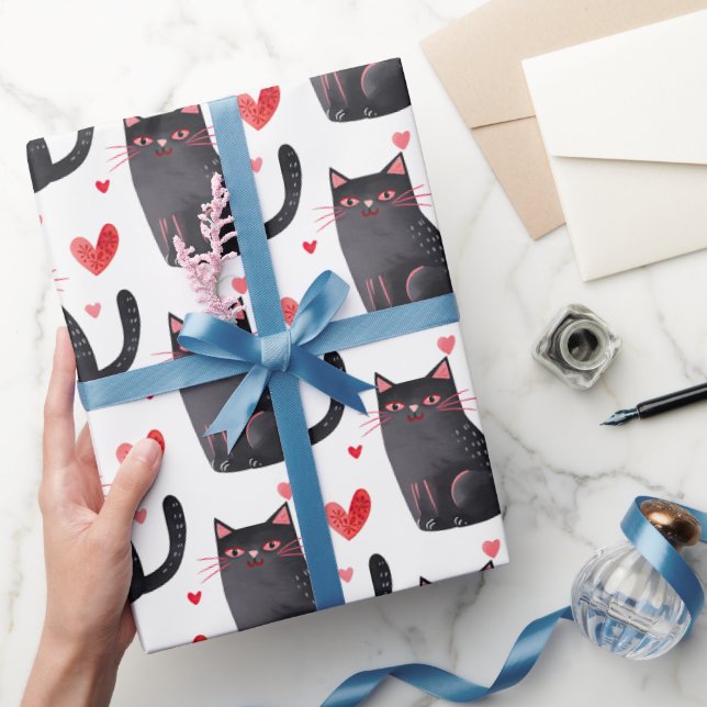 Papel De Presente Feliz Negra Gatos Corações Aniversário (Presentear)